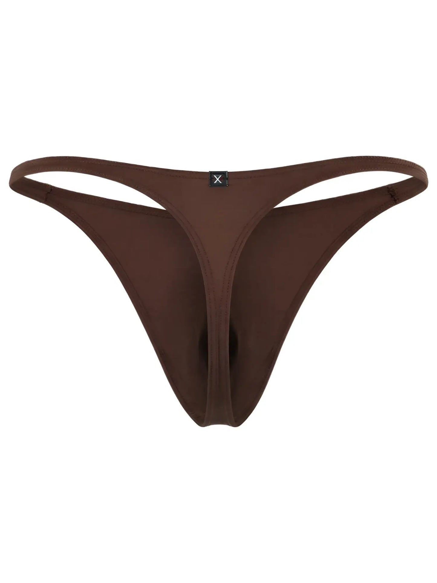 Xtremen men's brown thong with a soft, matte finish and a small brand logo tag at the center front waistband.