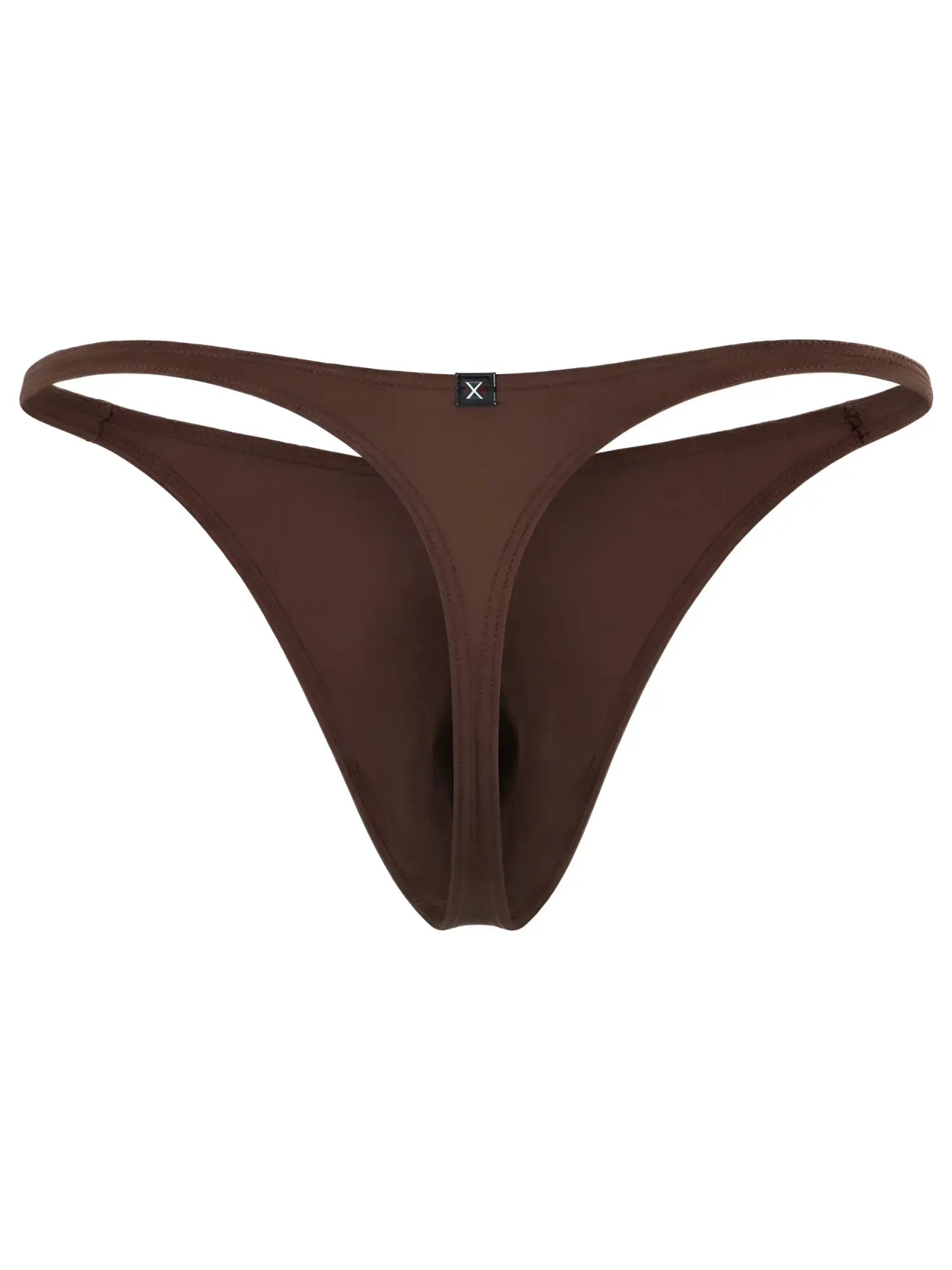 Xtremen men's brown thong with a soft, matte finish and a small brand logo tag at the center front waistband.