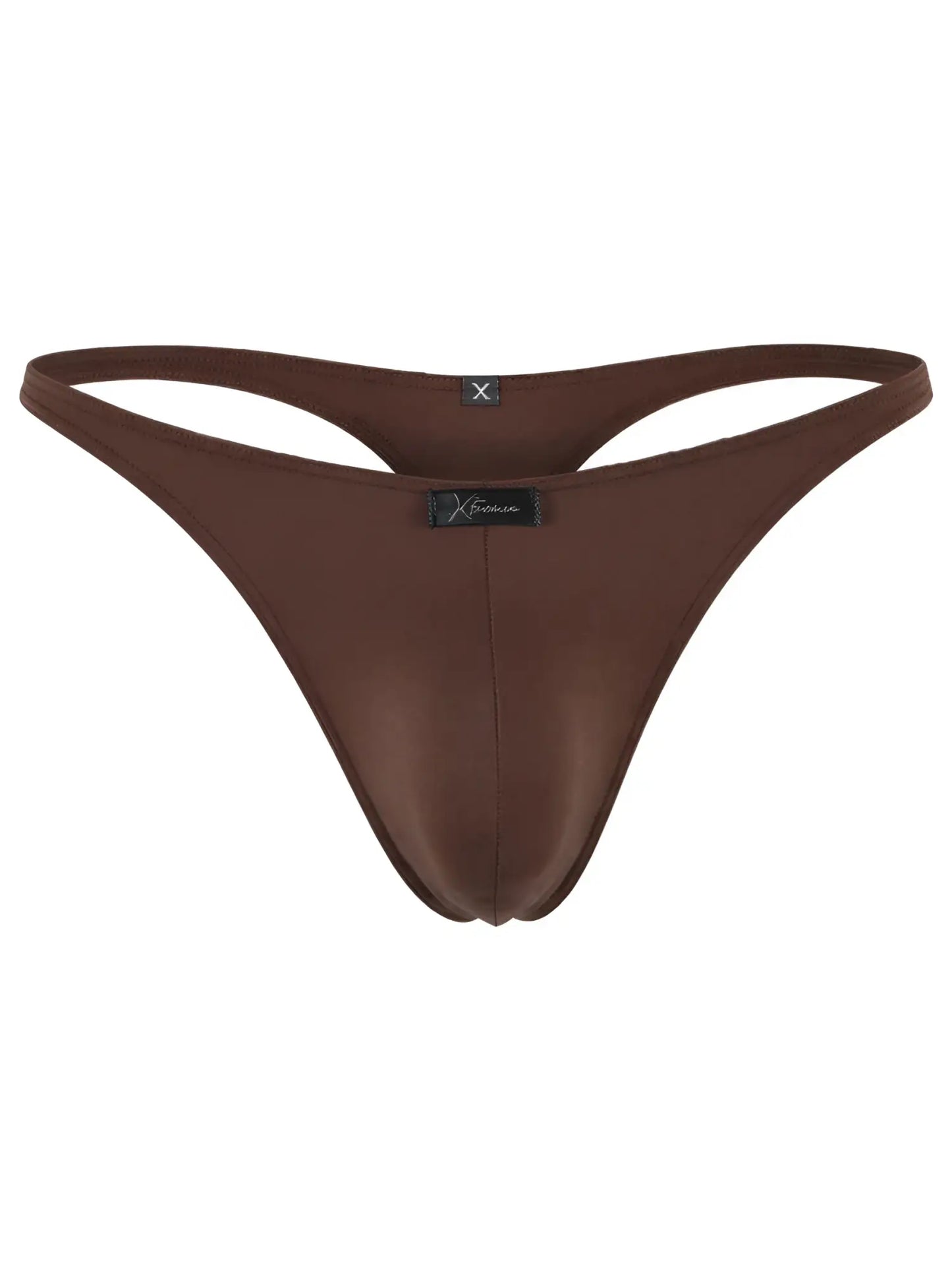 Xtremen brown thong with a smooth, matte finish and branded center-front tag.