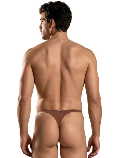Xtremen brown thong with a sleek fit and small brand logo, shown from a rear perspective on a male model.