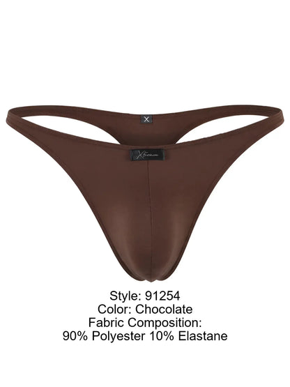 Xtremen chocolate-colored thong in a smooth, matte fabric with a center logo patch.