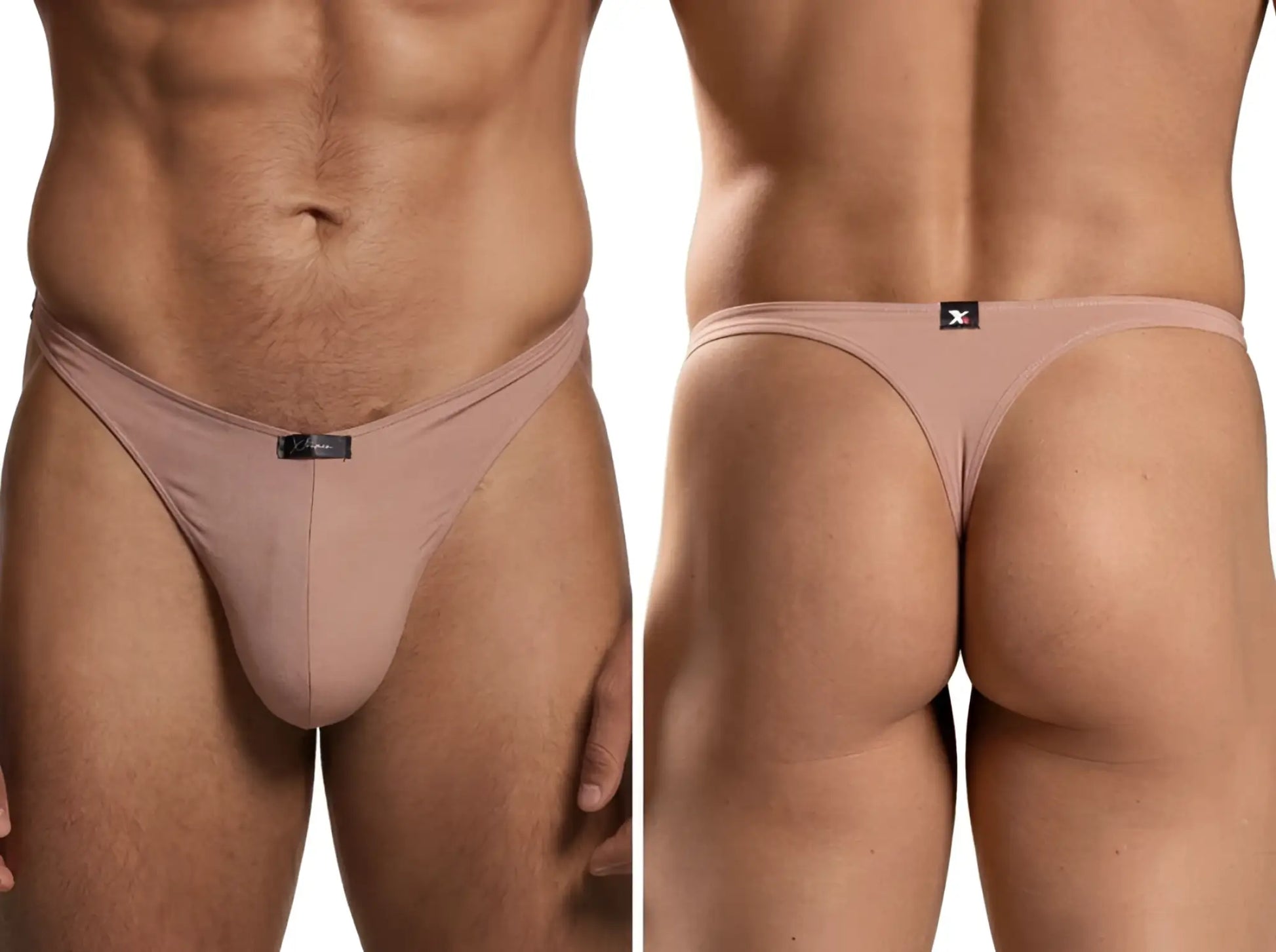 Xtremen beige thong with a smooth matte finish, featured from front and back angles with a branded waistband tab.