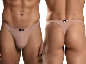 Xtremen beige thong with a smooth matte finish, featured from front and back angles with a branded waistband tab.