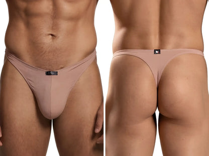 Xtremen beige thong with a smooth matte finish, featured from front and back angles with a branded waistband tab.