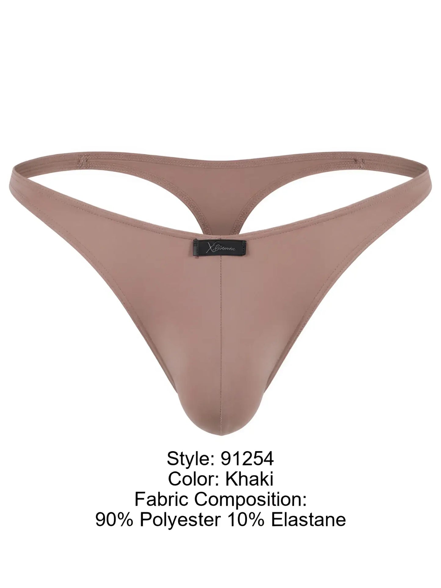 Xtremen khaki thong with a smooth matte finish, center seam, and a black brand logo tag on the front waistband.