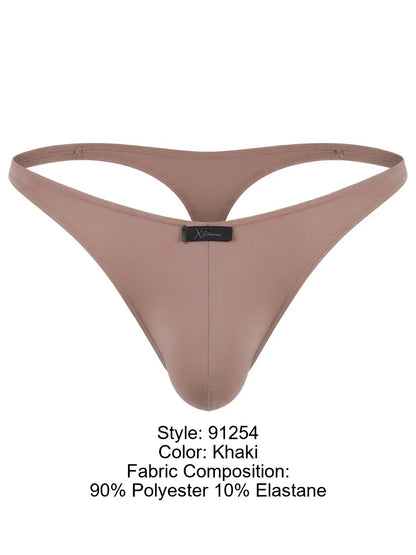 Xtremen khaki thong with a smooth matte finish, center seam, and a black brand logo tag on the front waistband.