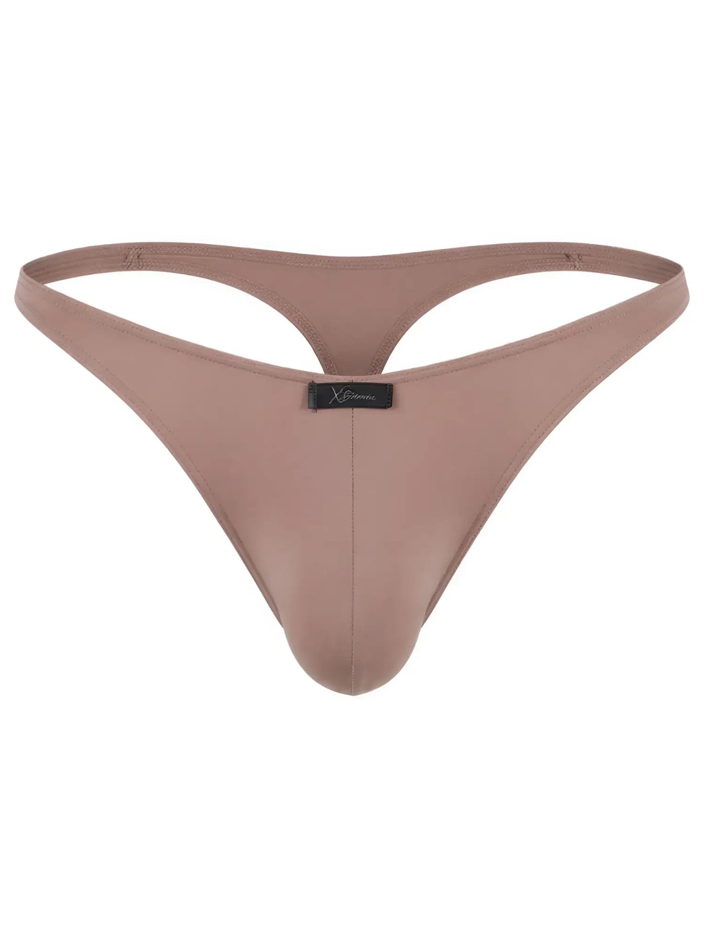 Xtremen mocha brown thong with a smooth matte finish and a small brand logo tag on the front center.