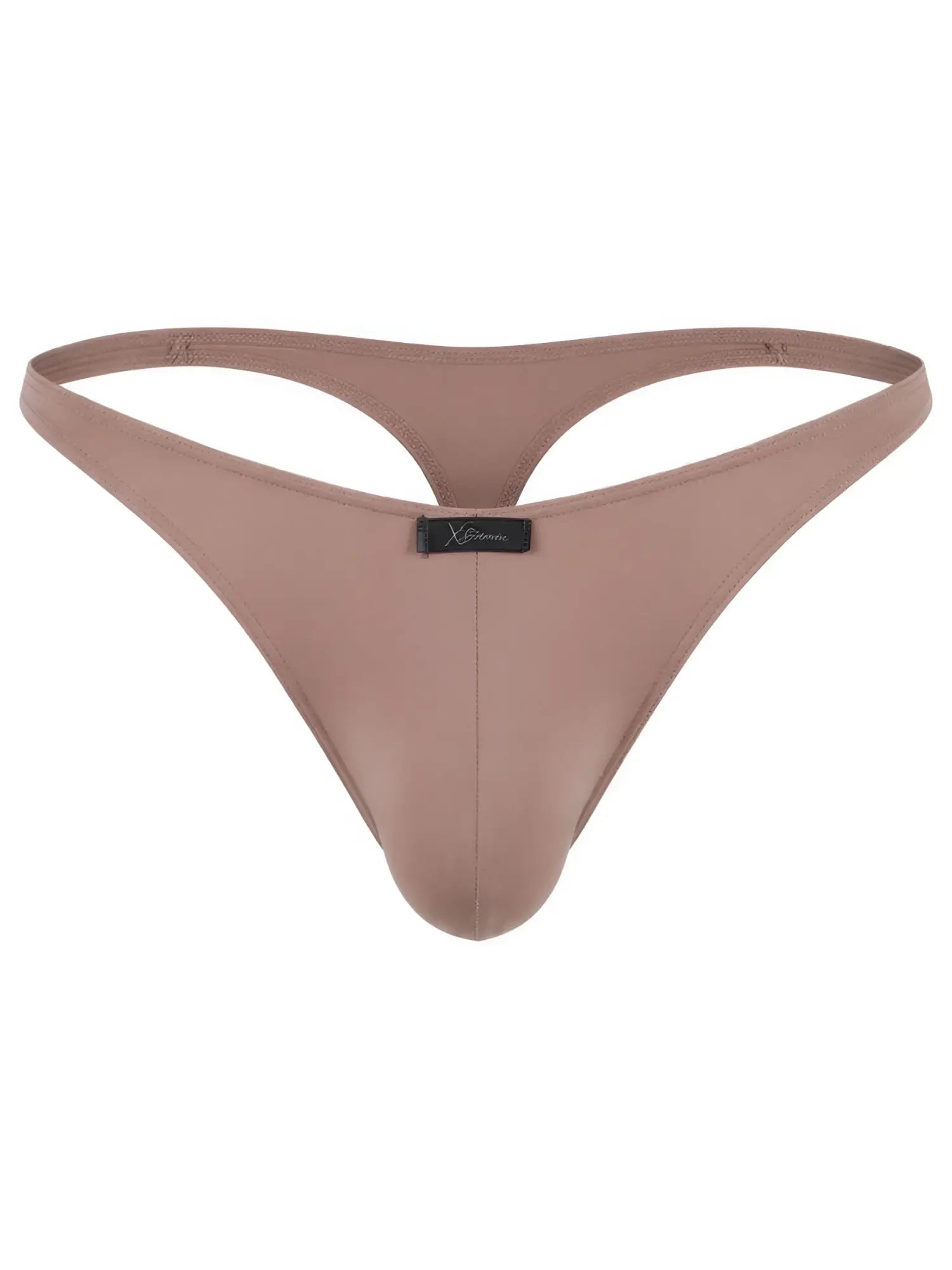 Xtremen mocha brown thong with a smooth matte finish and a small brand logo tag on the front center.