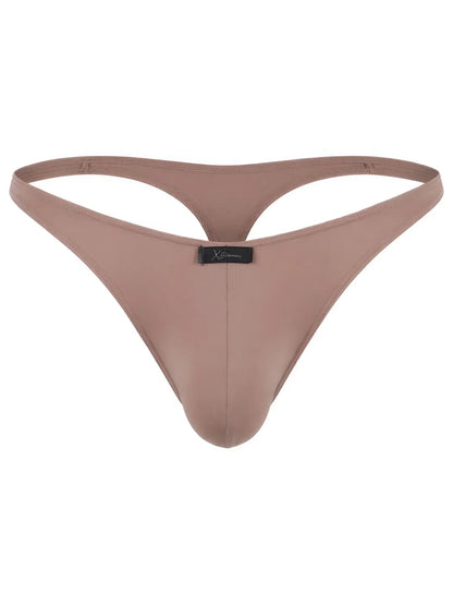 Xtremen mocha brown thong with a smooth matte finish and a small brand logo tag on the front center.