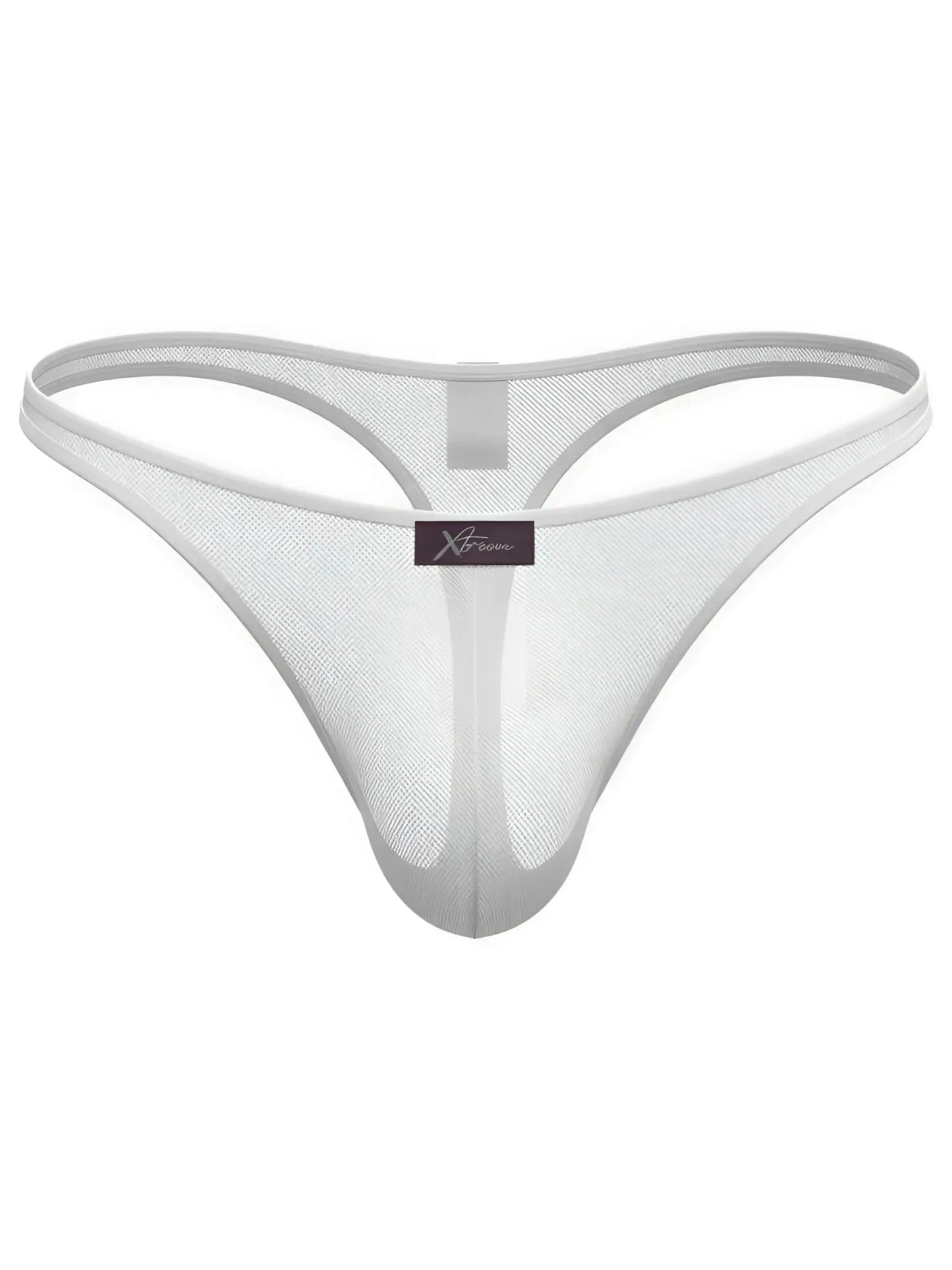 Xtremen white mesh thong featuring sheer fabric and a center logo tag.