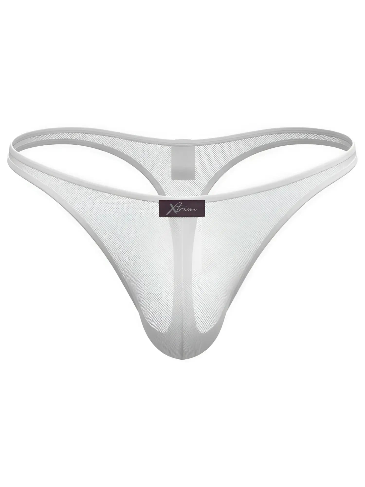 Xtremen white mesh thong featuring sheer fabric and a center logo tag.