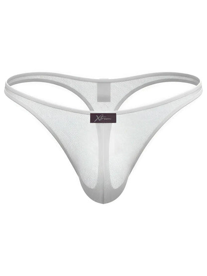 Xtremen white mesh thong featuring sheer fabric and a center logo tag.
