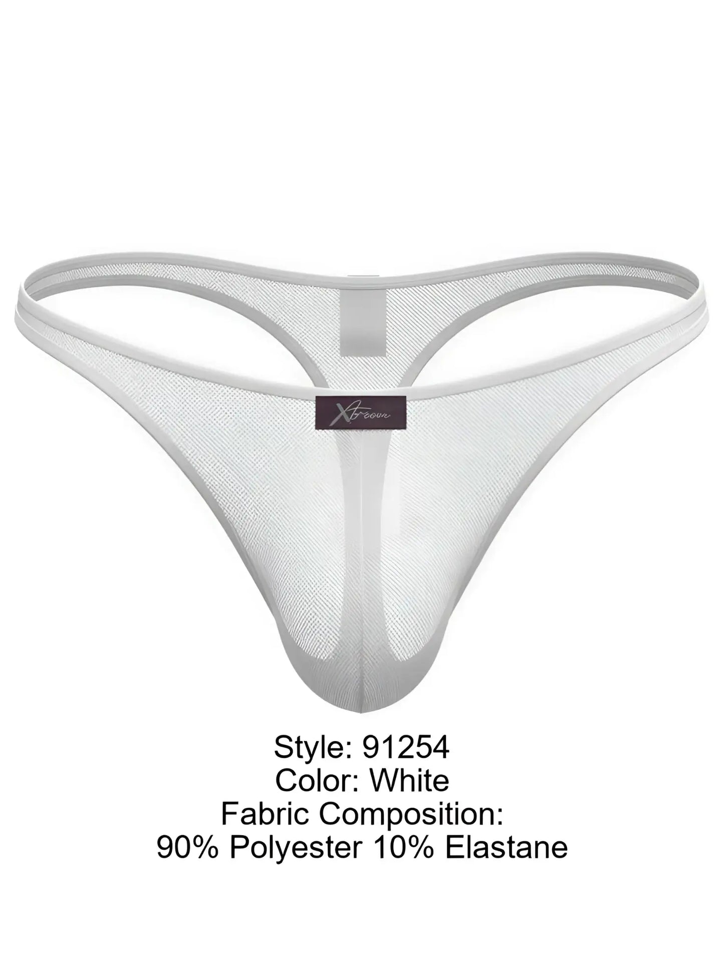 Xtremen white sheer mesh thong with a center brand tag and form-fitting pouch design.