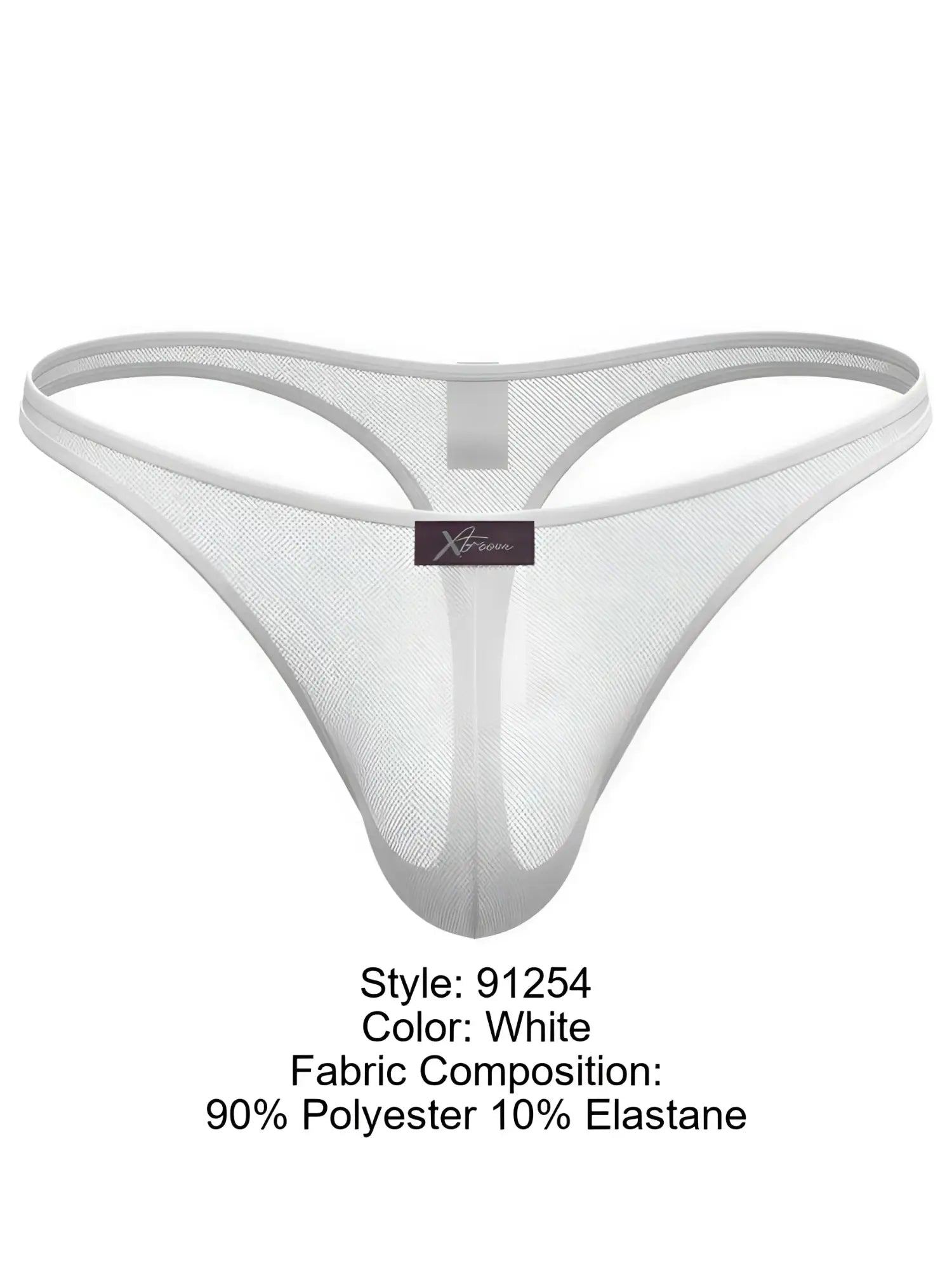 Xtremen white sheer mesh thong with a center brand tag and form-fitting pouch design.