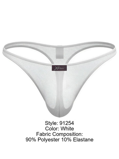 Xtremen white sheer mesh thong with a center brand tag and form-fitting pouch design.