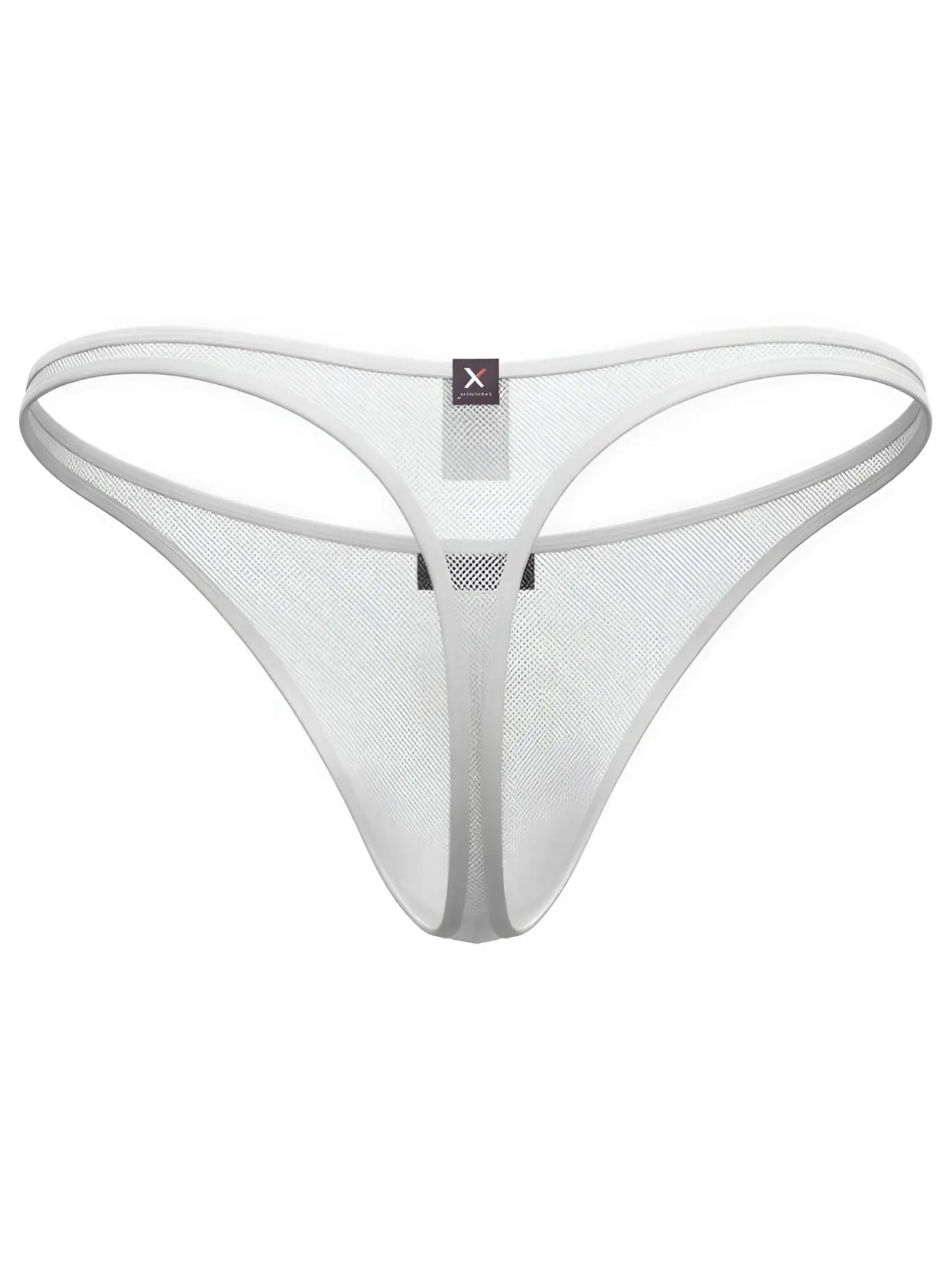 Xtremen white sheer mesh thong with thin elastic waistband and center branding.