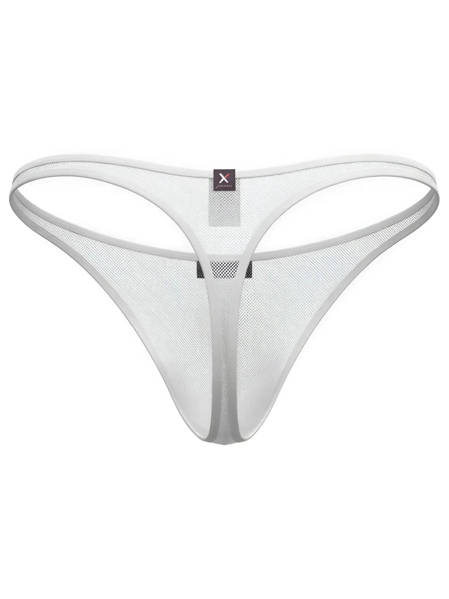 Xtremen white sheer mesh thong with thin elastic waistband and center branding.