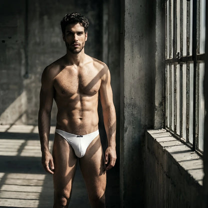 Xtremen men’s white bikini brief with a form-fitting, smooth fabric finish, worn by a muscular model.