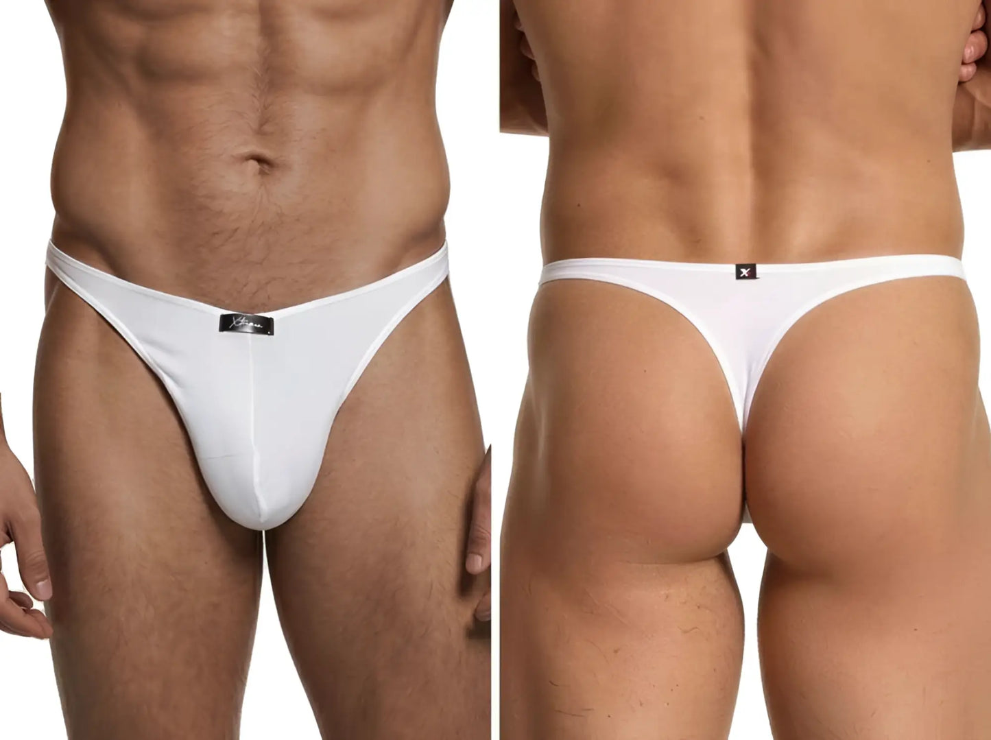 Xtremen white thong featuring a form-fitting cut with a branded logo patch on the front and back waistband.