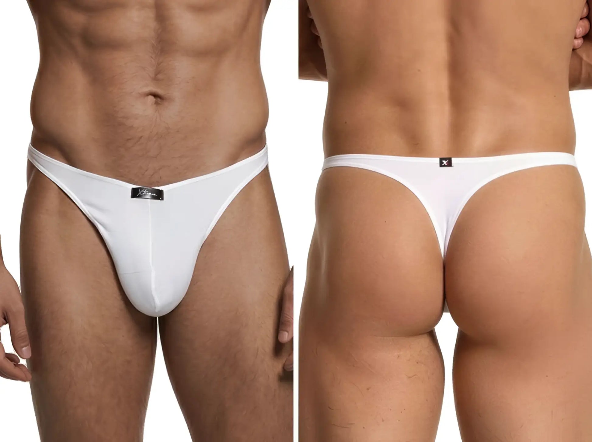 Xtremen white thong featuring a form-fitting cut with a branded logo patch on the front and back waistband.