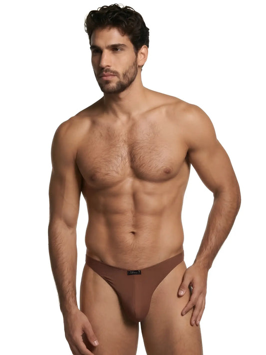 Xtremen men's brown bikini underwear with a smooth, matte-finish fabric and a centered brand logo tag.