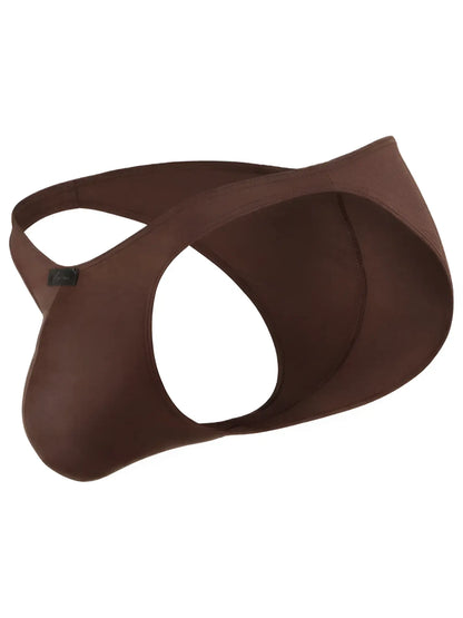 Xtremen brown thong with a cutout design and smooth, matte fabric finish.