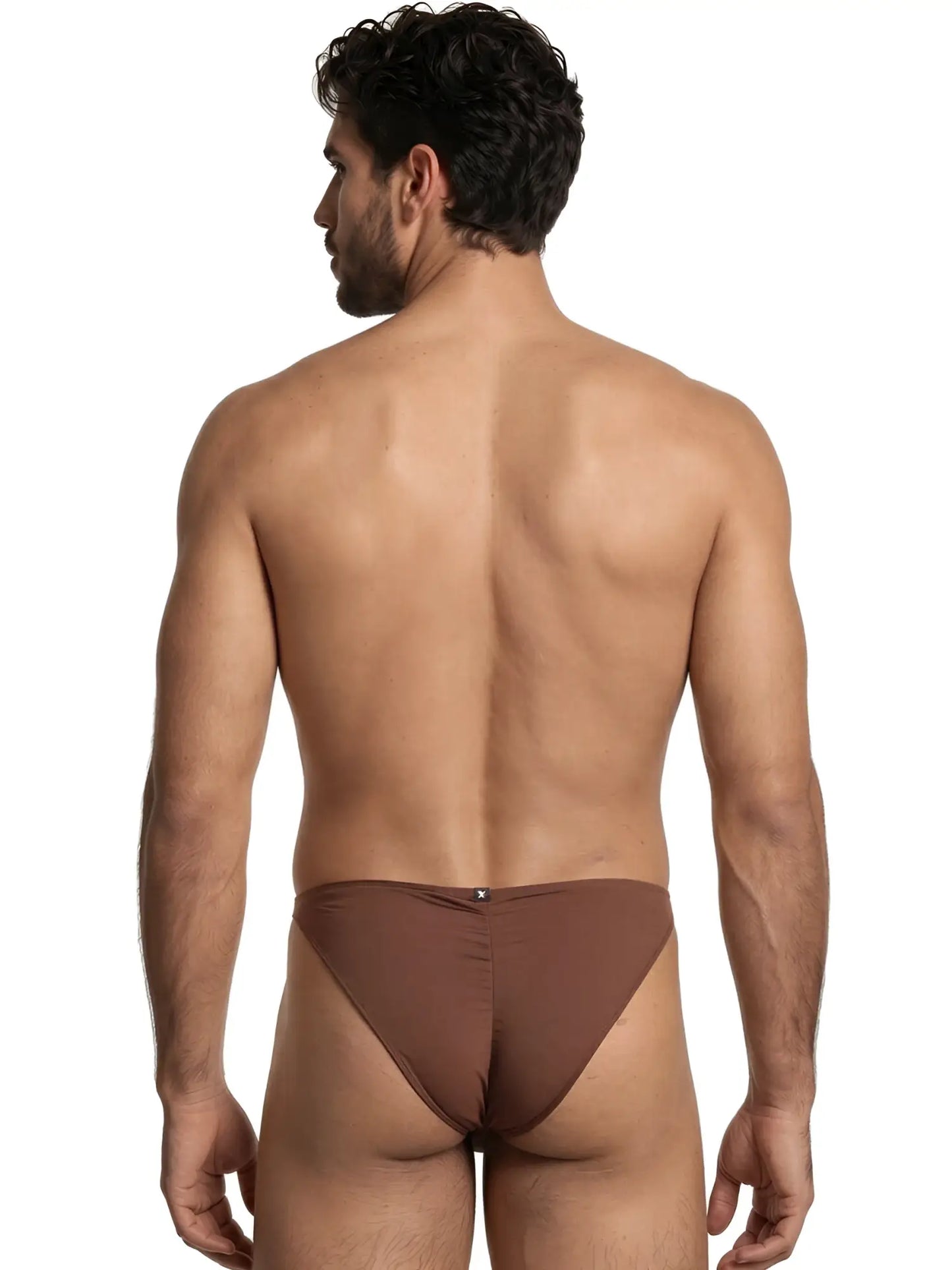 Xtremen brown bikini briefs on a man, showing a smooth fabric finish and a centered rear seam detail.