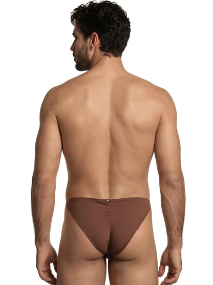 Xtremen brown bikini briefs on a man, showing a smooth fabric finish and a centered rear seam detail.
