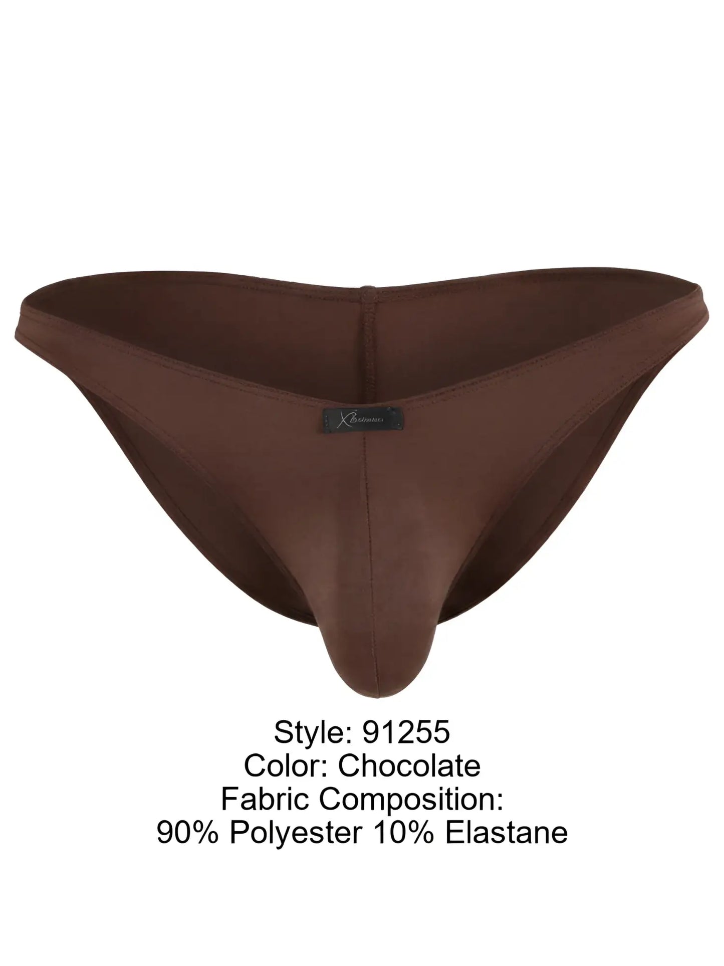 Xtremen men's bikini brief in matte chocolate brown fabric with a center front brand tag and contoured pouch fit.