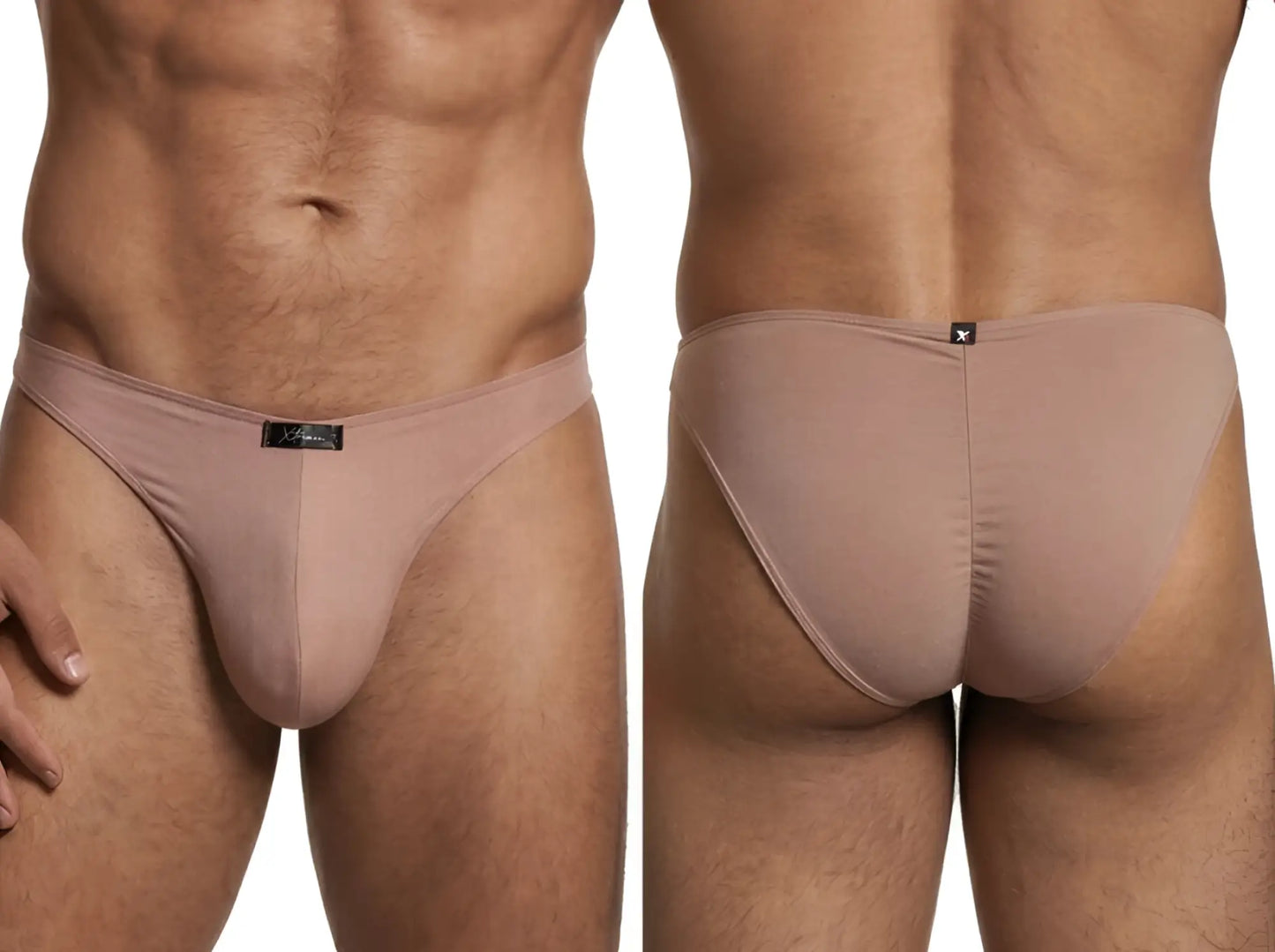 Xtremen tan bikini brief with a matte finish and branded logo tab, shown from front and back views.