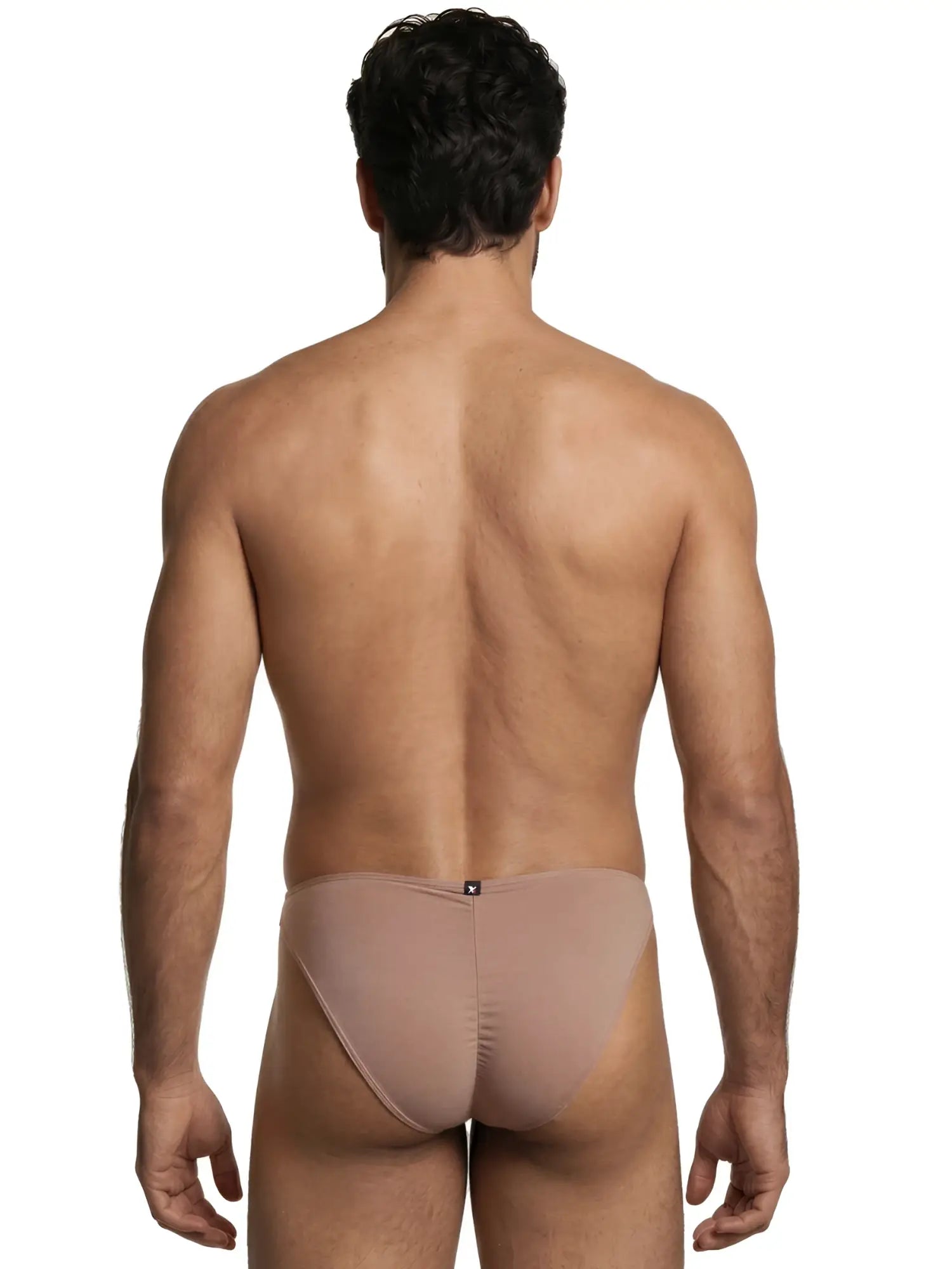 Xtremen men's taupe bikini brief with a seamless, matte fabric fit, viewed from the back.