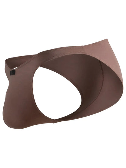 Xtremen brown thong with a cutout design and smooth fabric finish.