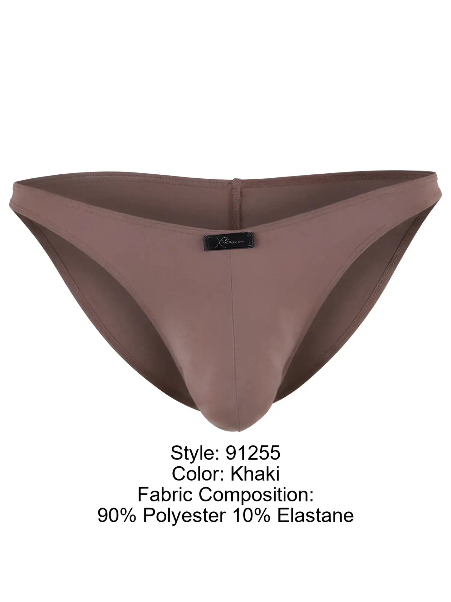Xtremen khaki bikini brief in a smooth, matte fabric with a branded logo tab on the center front.