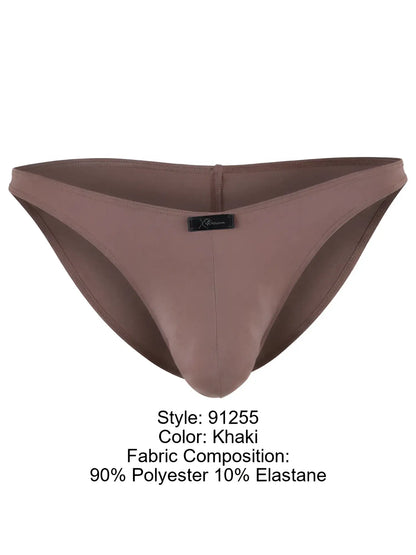 Xtremen khaki bikini brief in a smooth, matte fabric with a branded logo tab on the center front.