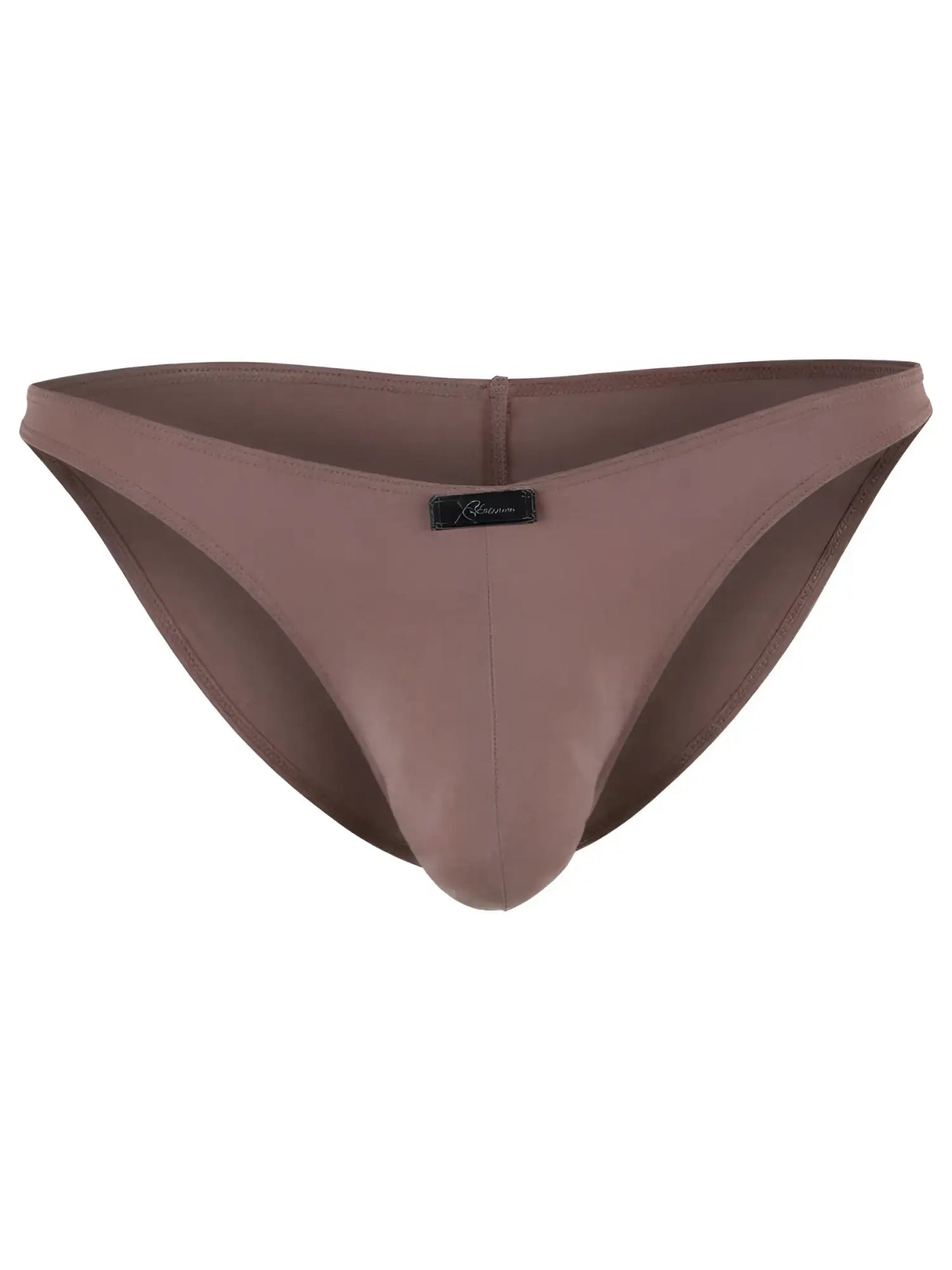 Xtremen brown bikini brief with a matte finish and a small branded black logo tab at the center front waistband.