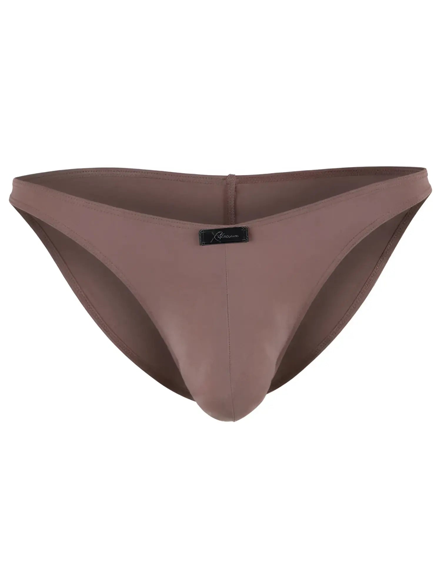 Xtremen brown bikini brief with a matte finish and a small branded black logo tab at the center front waistband.