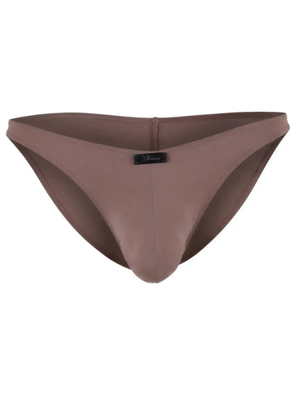 Xtremen brown bikini brief with a matte finish and a small branded black logo tab at the center front waistband.