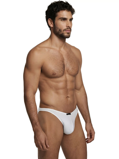 Xtremen white bikini brief with a smooth, fitted look and small branded logo tab at the center waistband.