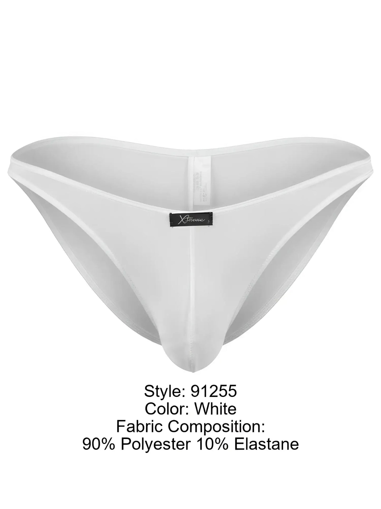 Xtremen white bikini brief with a sleek, minimalist fit and a small branded black logo tag centered on the front.