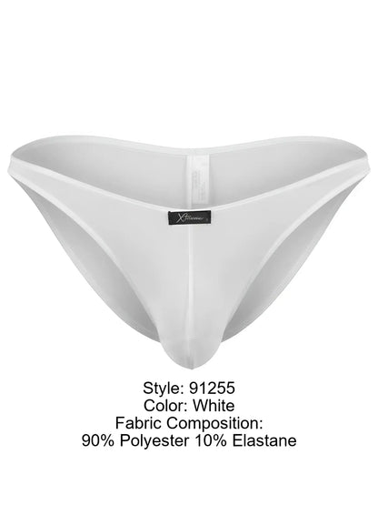 Xtremen white bikini brief with a sleek, minimalist fit and a small branded black logo tag centered on the front.