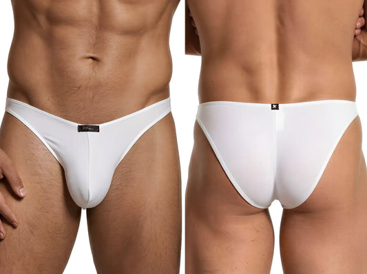 Xtremen white bikini underwear featuring a smooth, matte fabric, slim side straps, and branded logo tags.