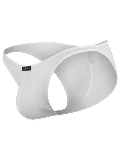 Xtremen white thong with open sides and a small branded logo tag on the left hip.