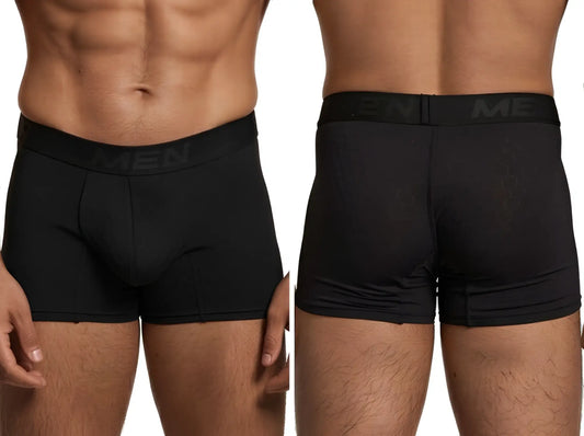 Xtremen black boxer briefs with a subtle honeycomb pattern and branded elastic waistband, shown from front and back.