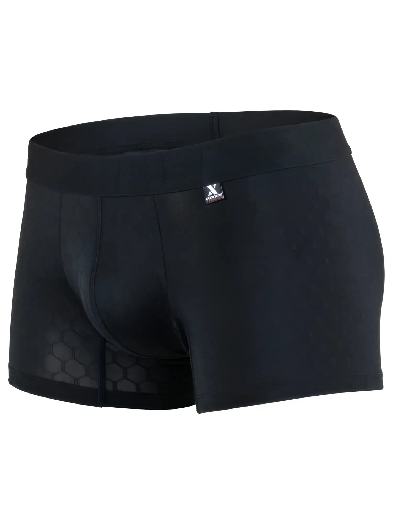 Xtremen black boxer briefs featuring a subtle tonal honeycomb pattern and a small brand logo tag on the waistband.