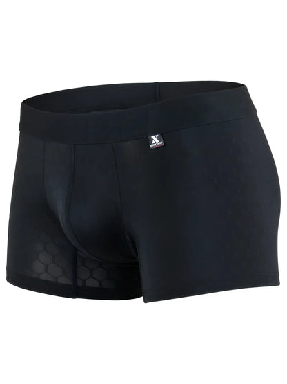 Xtremen black boxer briefs featuring a subtle tonal honeycomb pattern and a small brand logo tag on the waistband.