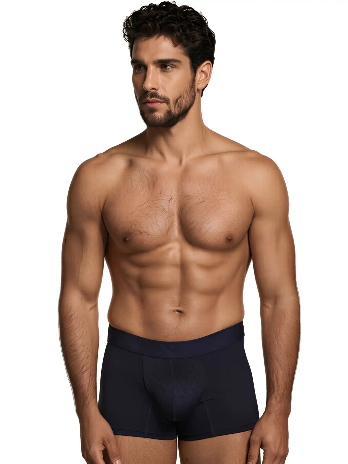 Xtremen navy blue boxer briefs with a subtle honeycomb pattern on the pouch and a fitted, matte finish.