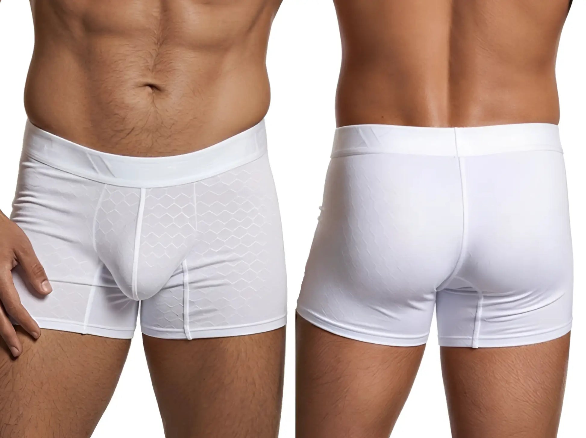 Xtremen white boxer briefs featuring a textured hexagonal pattern and a contoured pouch for a fitted look.