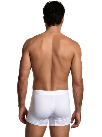 Xtremen white boxer briefs on a man’s back, featuring a subtle geometric pattern and a snug, form-fitting cut.