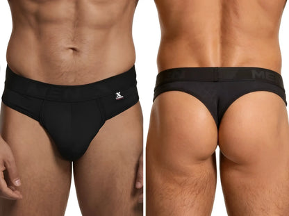 Xtremen black thong for men with a branded elastic waistband, featuring a fitted, textured fabric design.