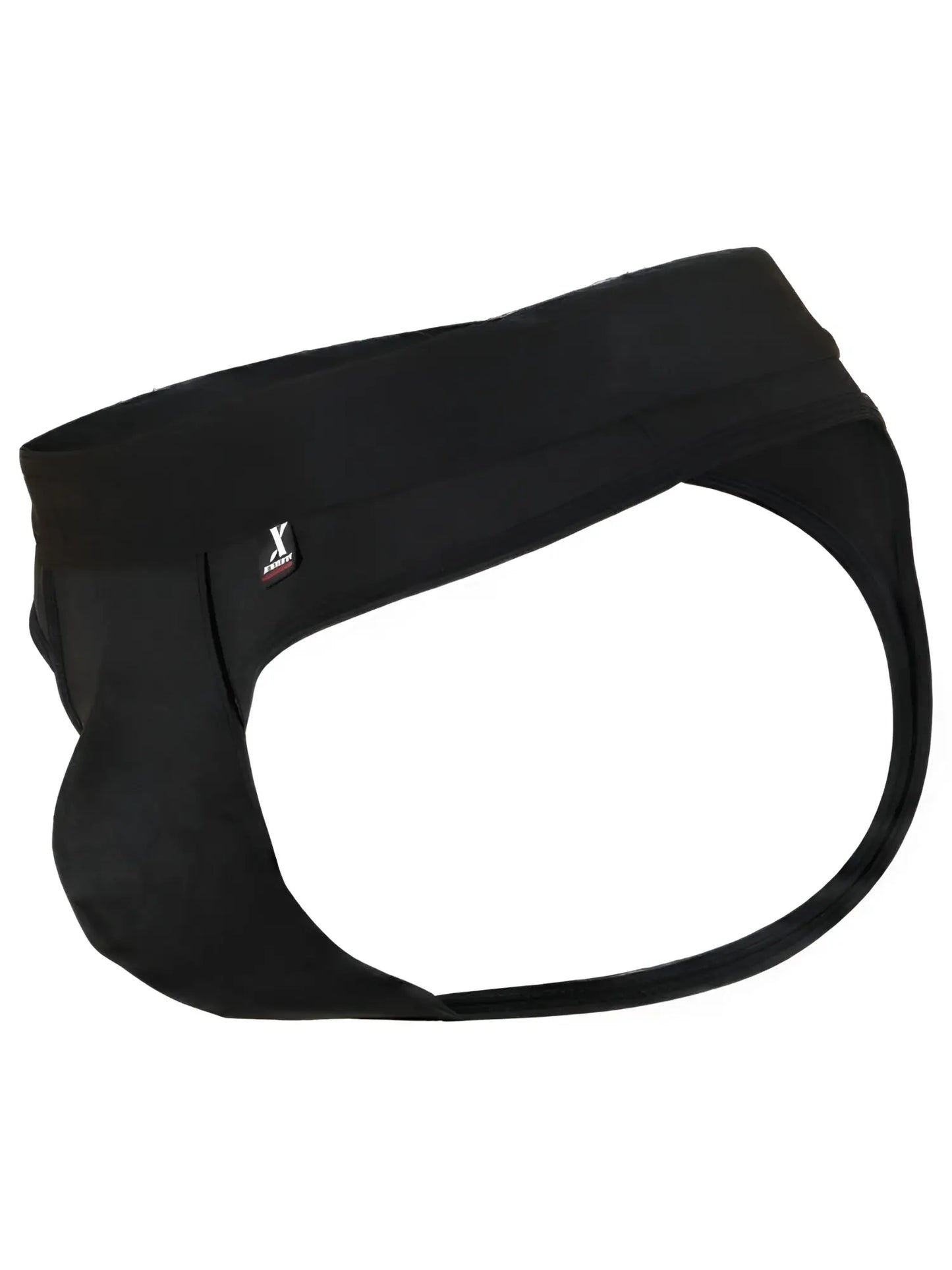 Xtremen black thong featuring a matte finish, thick waistband, and small brand logo tab.